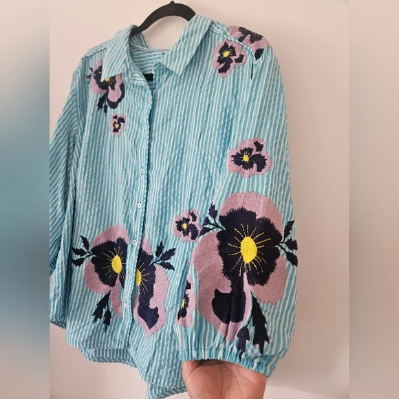 Anthropologie Maeve Floral Embroidered Buttondown Shirt Size XL Preppy - Picture 7 of 14